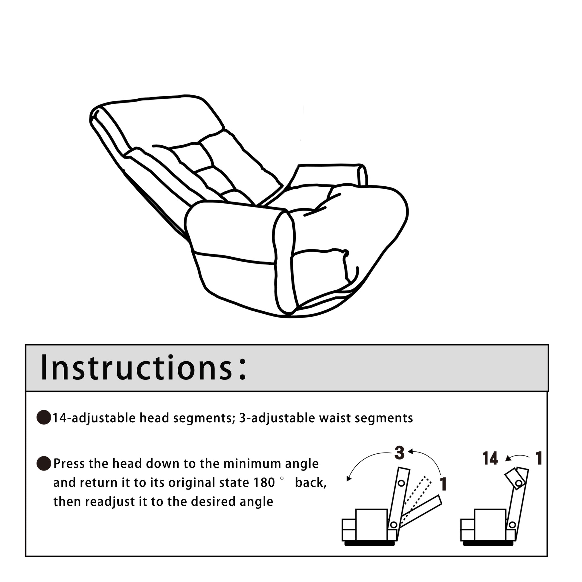 Line drawing of a plush segmented recliner chair with padded arms