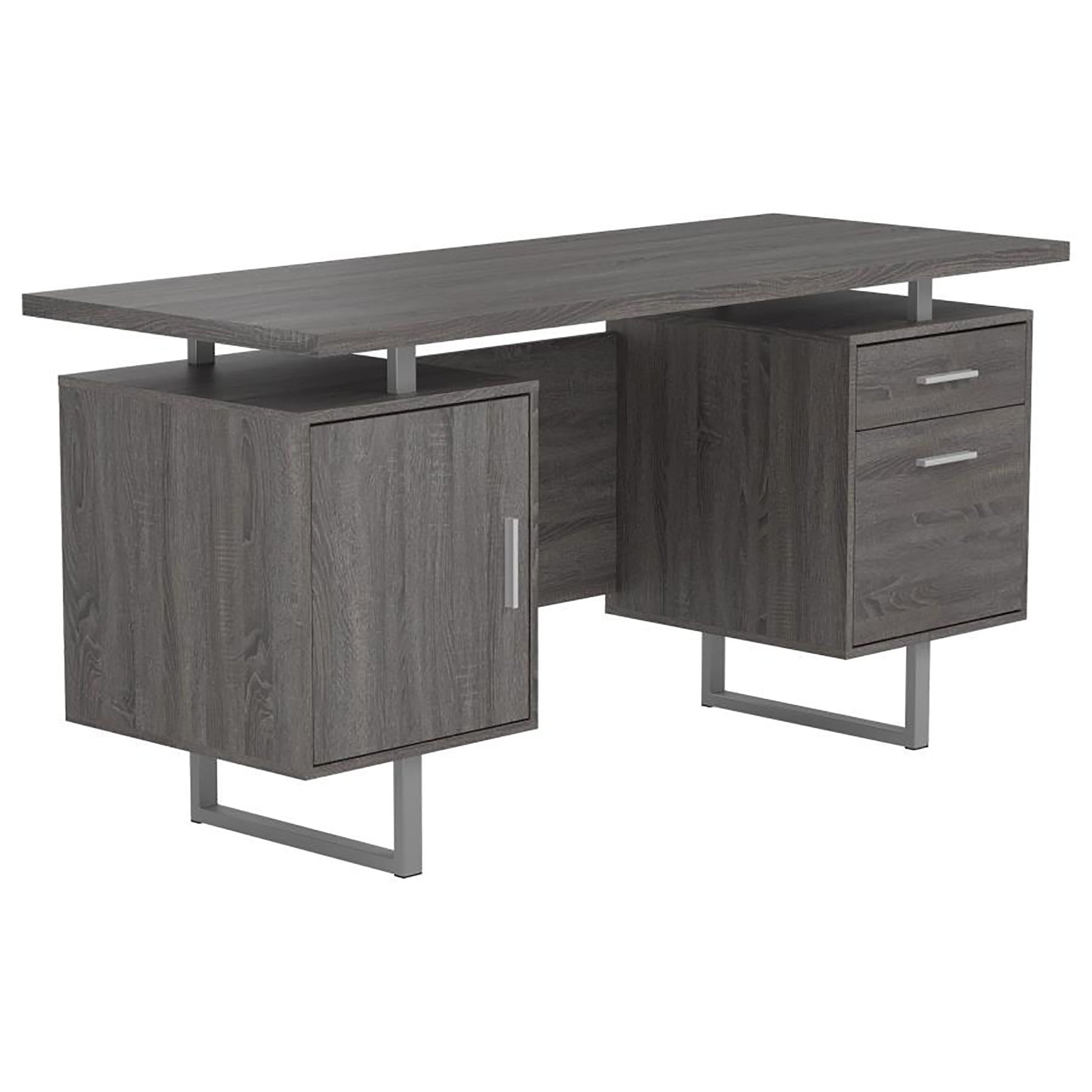 Modern grey wood executive desk with metal legs and integrated drawers for office storage