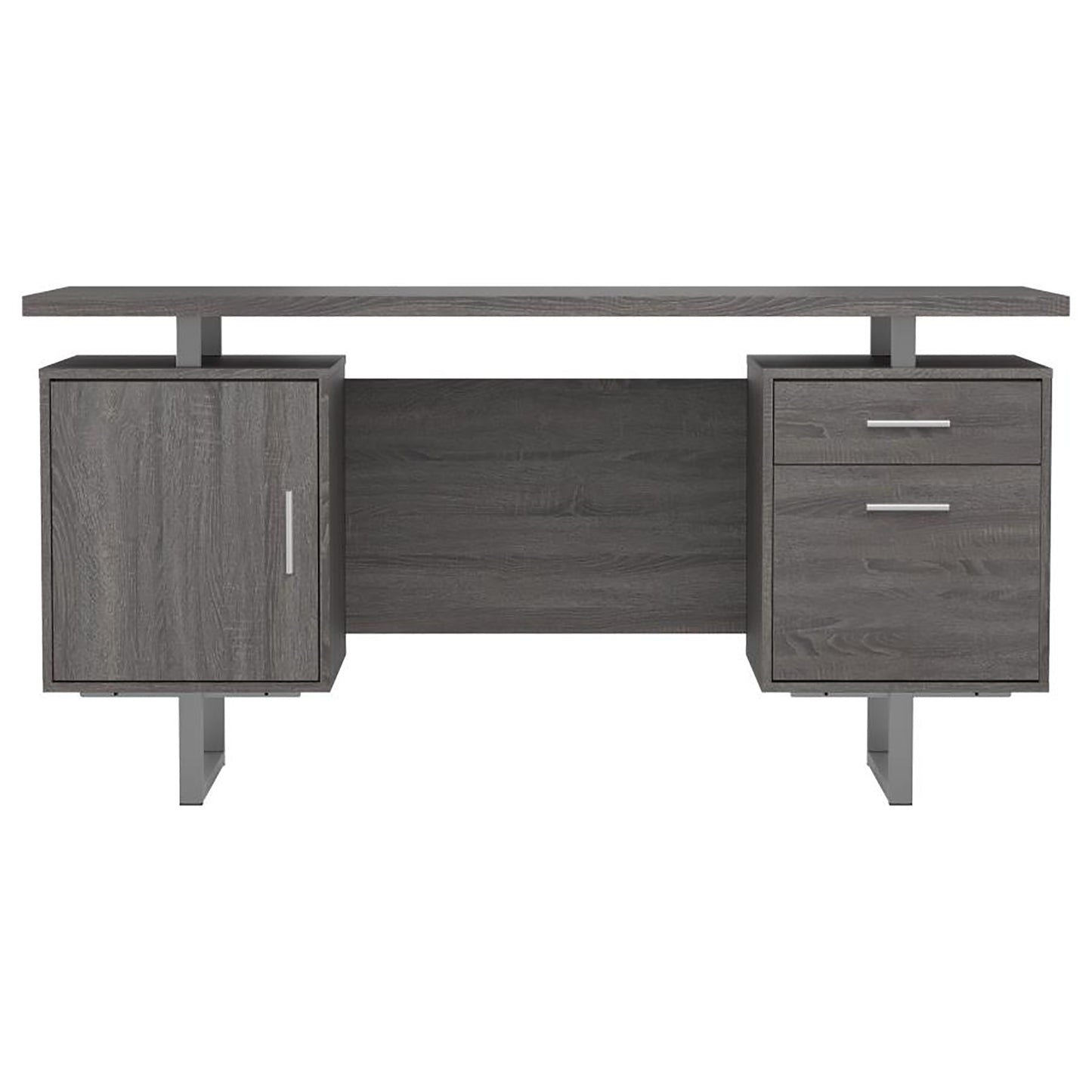 Modern executive desk with gray wood finish and metal legs featuring storage cabinet and drawers