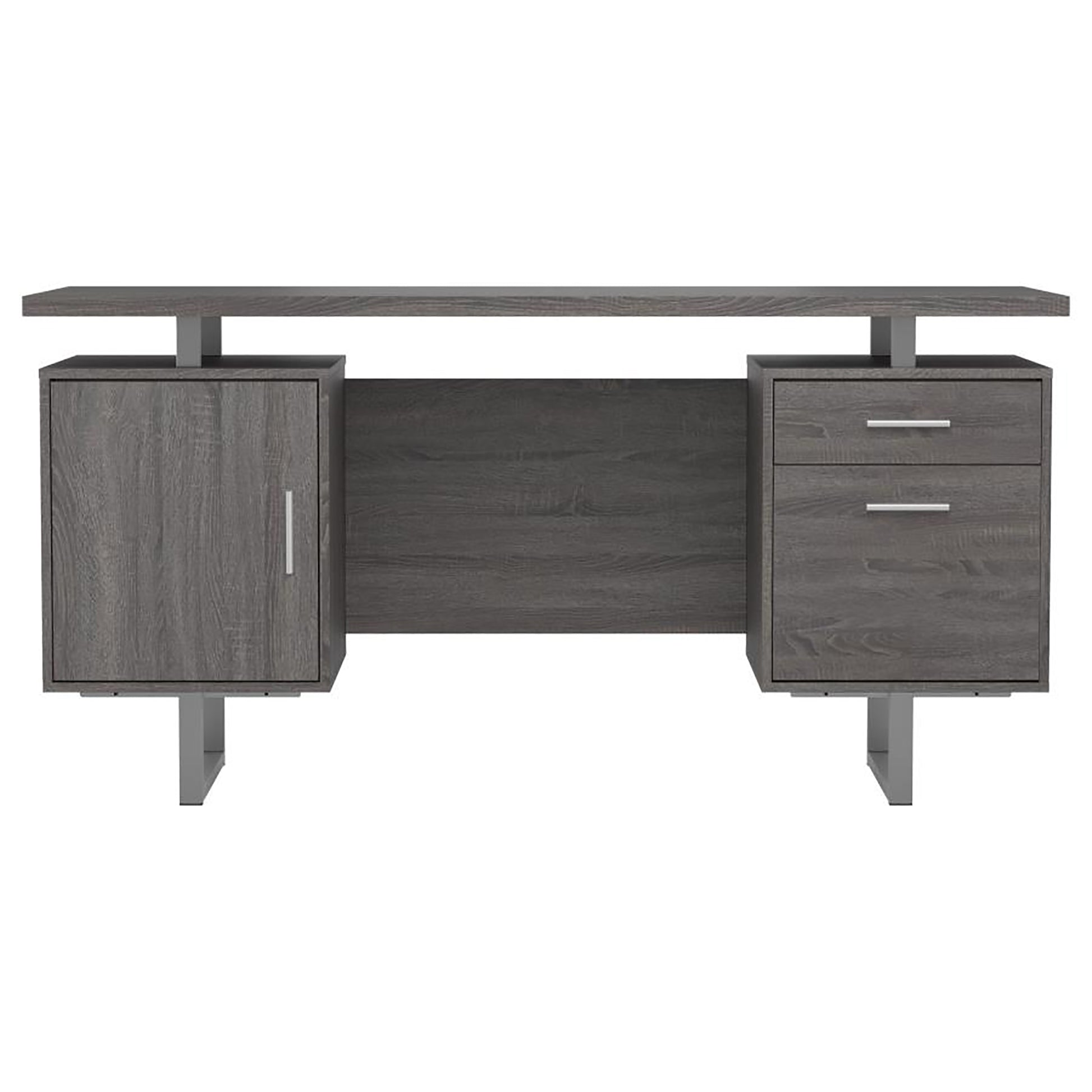 Modern executive desk with gray wood finish and metal legs featuring storage cabinet and drawers