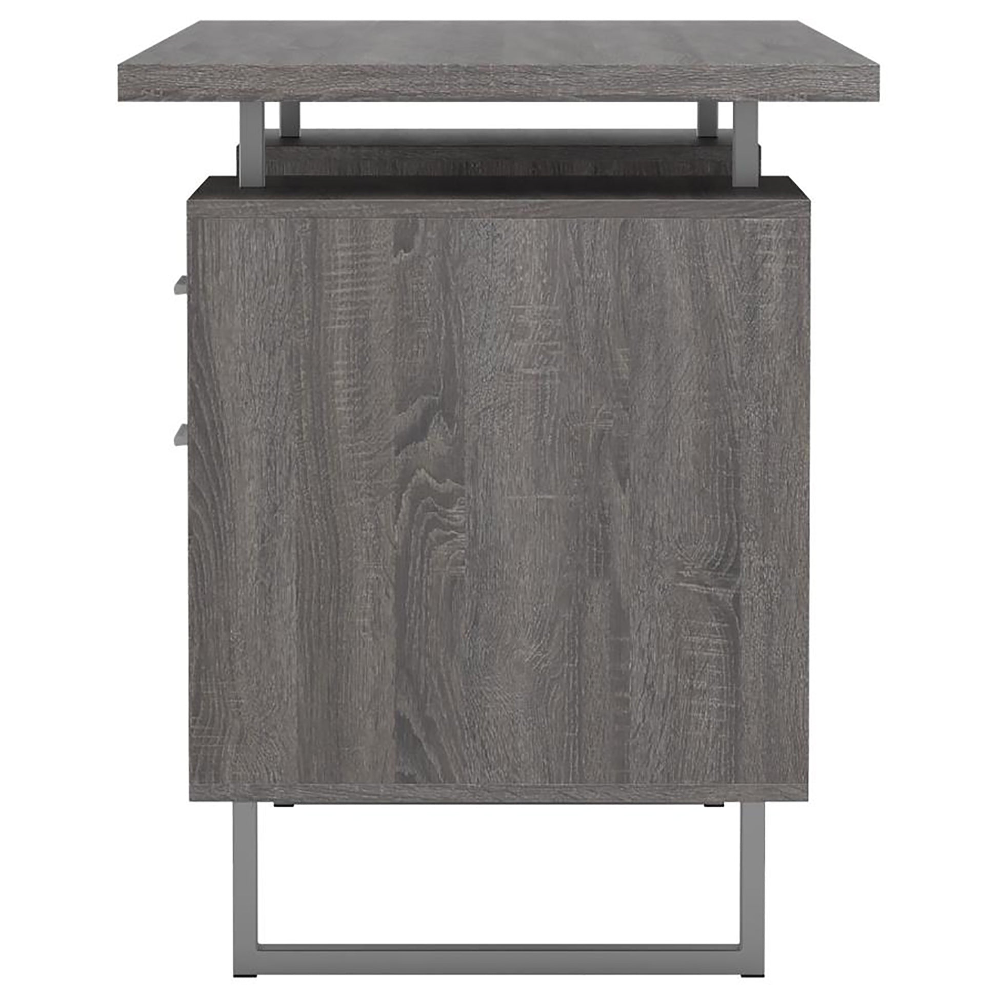 Modern grey wood desk with minimalist metal legs perfect for a home office setup