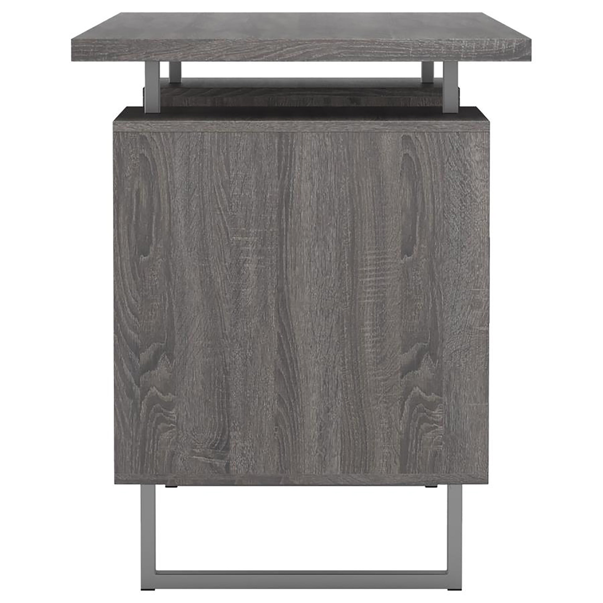 Modern grey wood and metal side table with open shelf