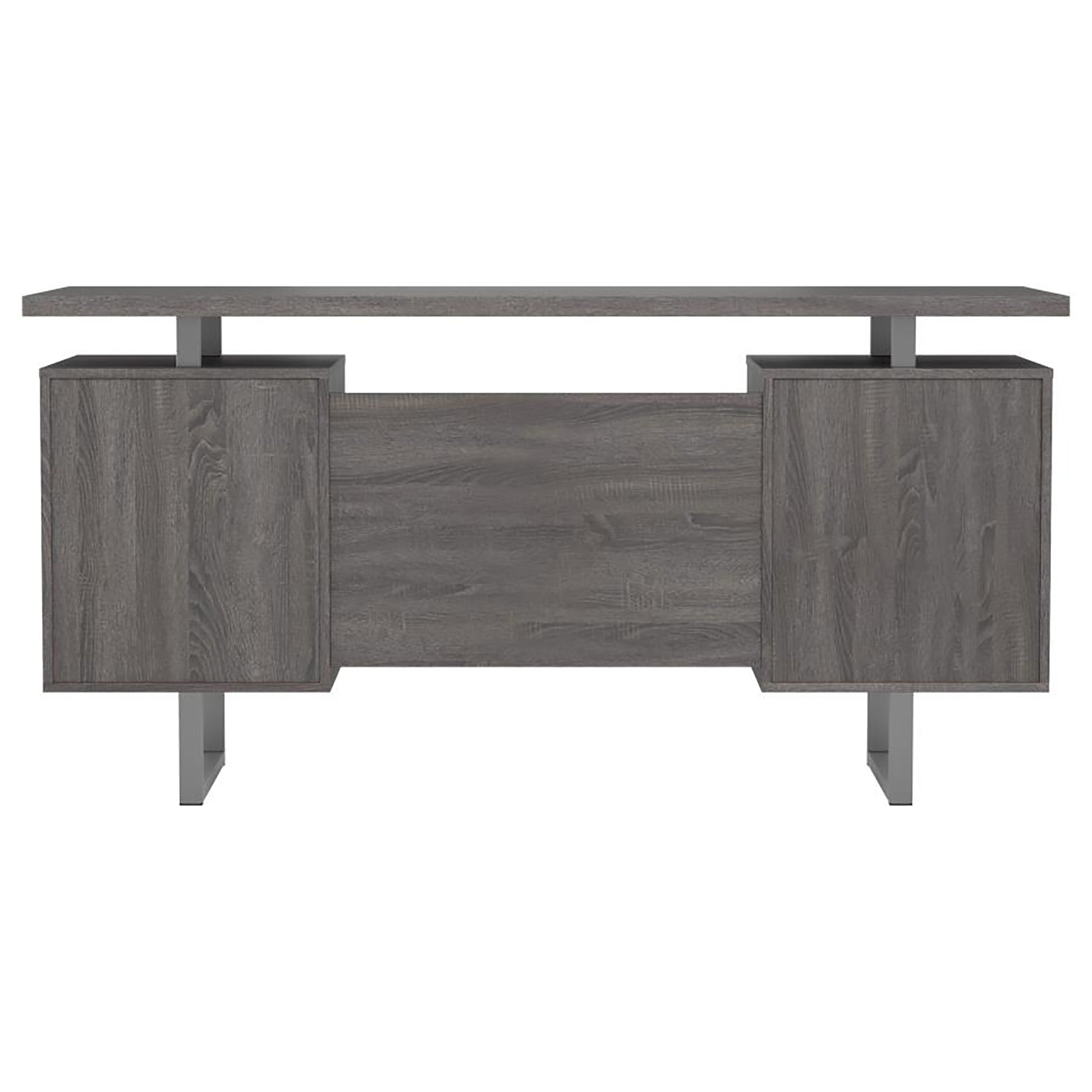 Modern grey wood executive desk with silver metal legs and raised shelf