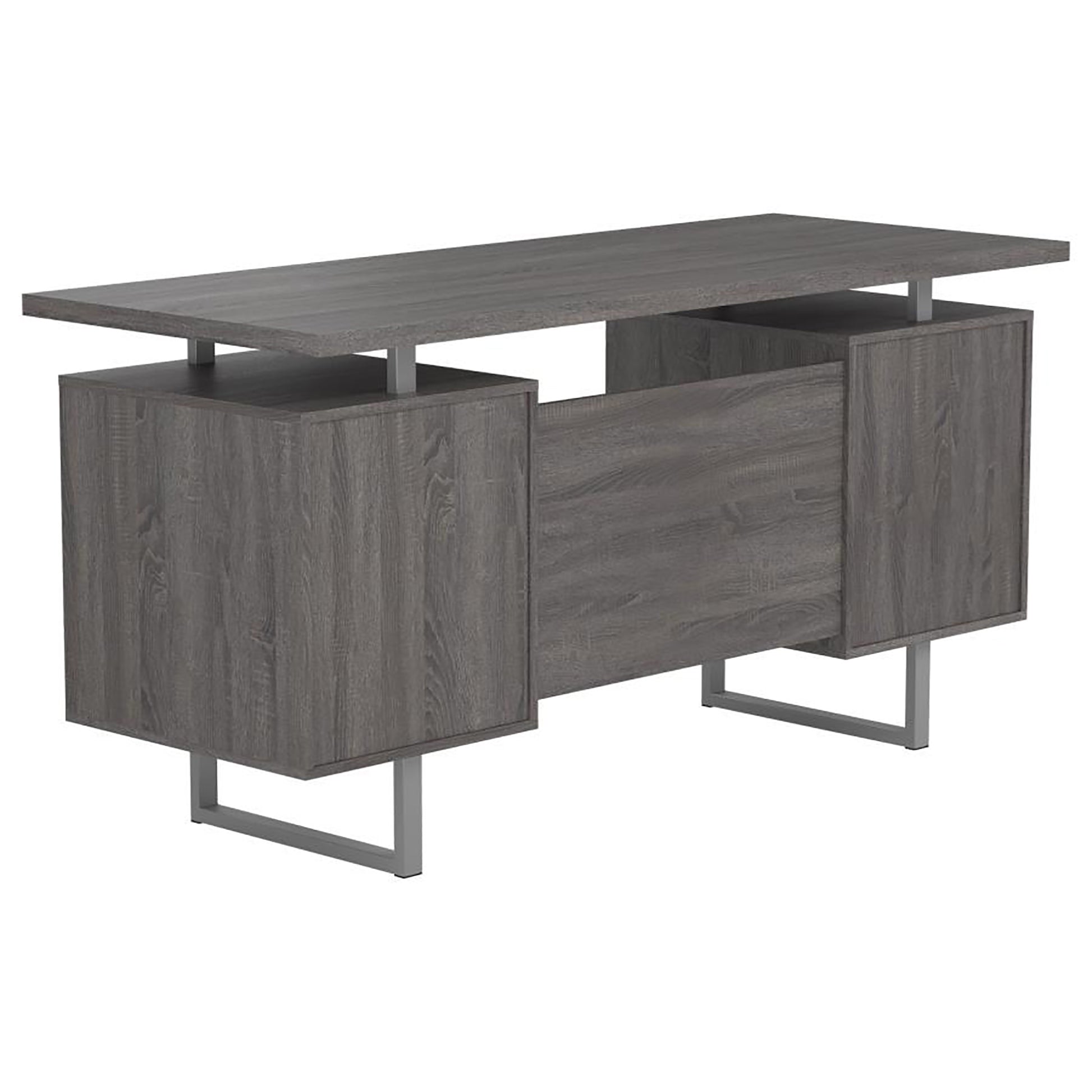 Modern grey wood executive desk with silver metal legs and open shelving