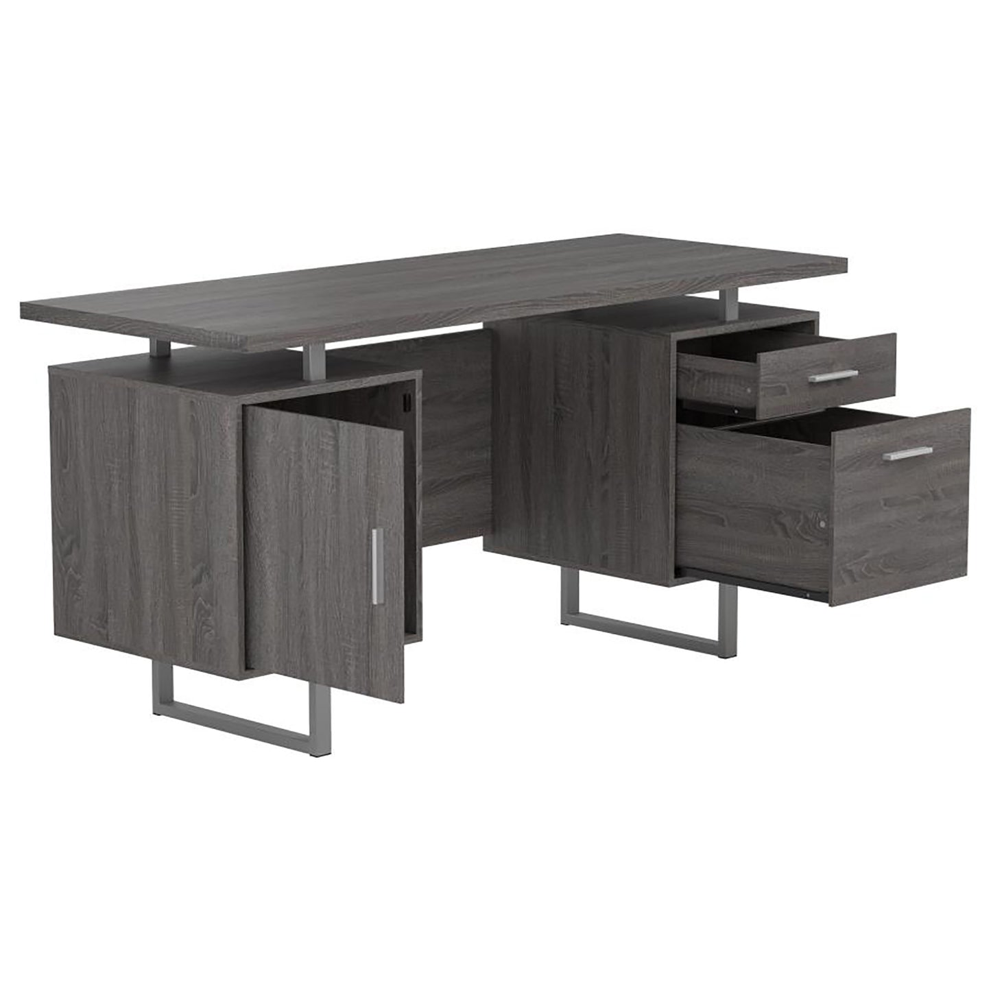 Modern grey wood executive desk with open compartments and drawers for home office use