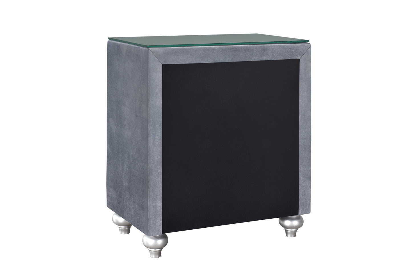 Gray velvet nightstand with glass top and black drawer front