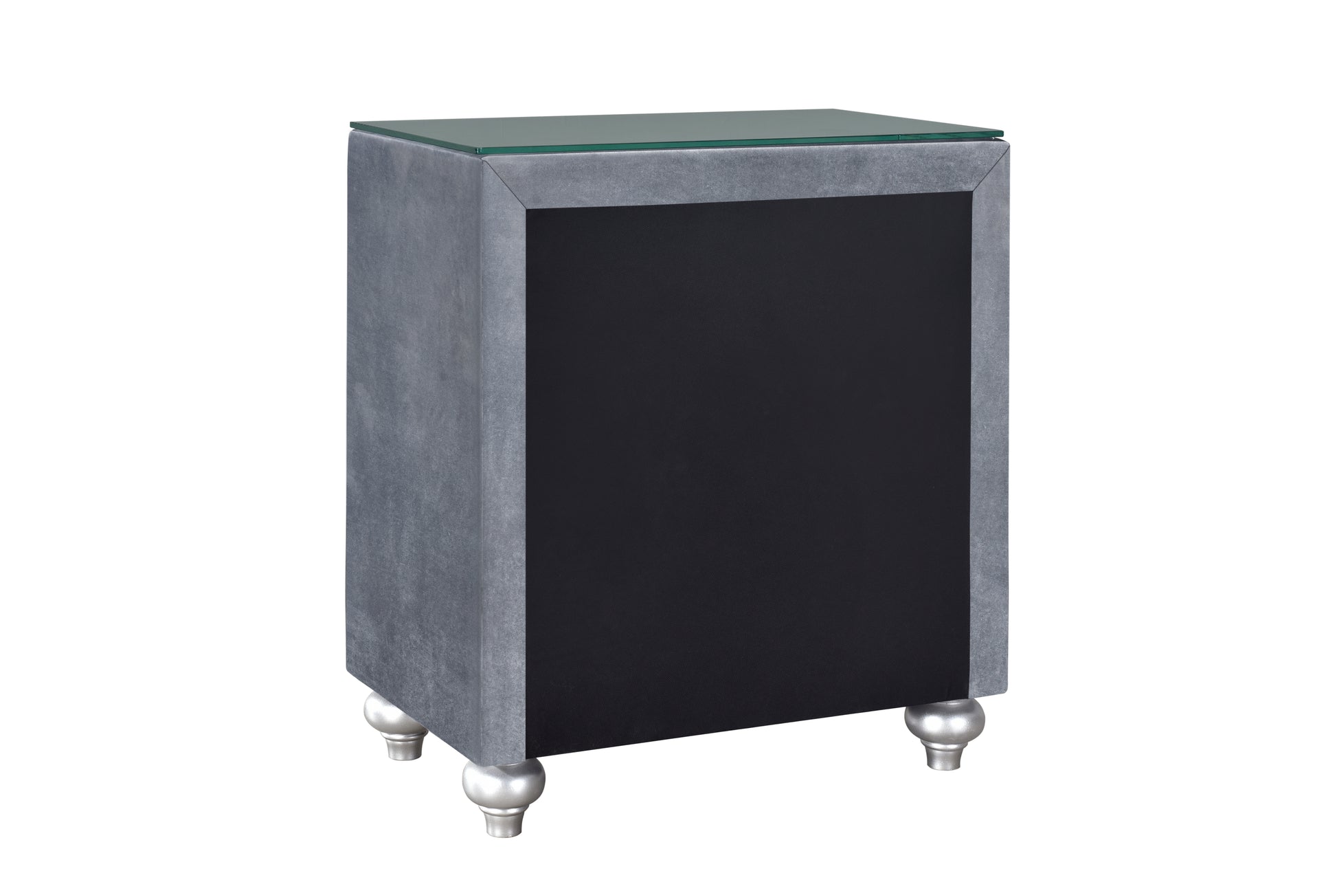 Gray velvet nightstand with glass top and black drawer front