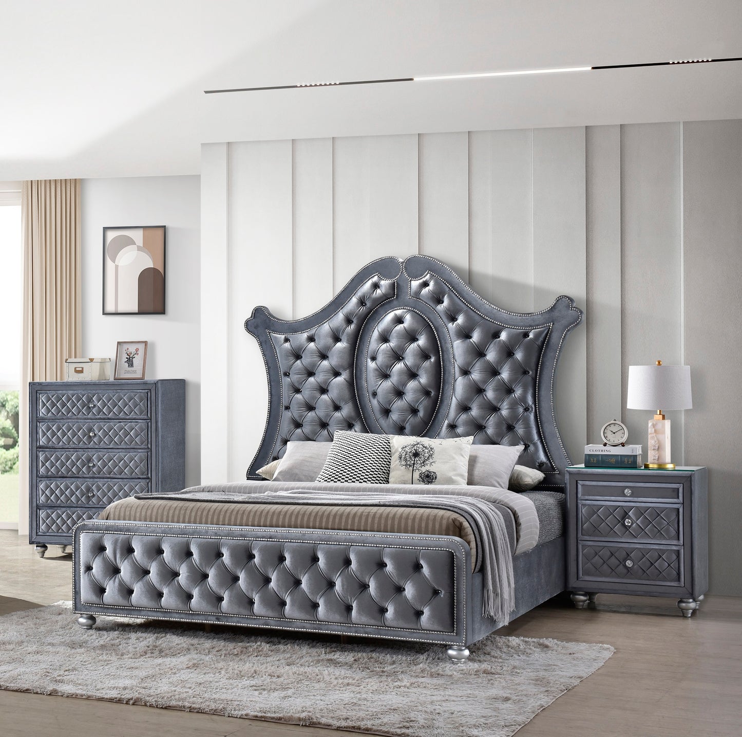 Luxurious grey velvet tufted bed frame with crystal accents king size