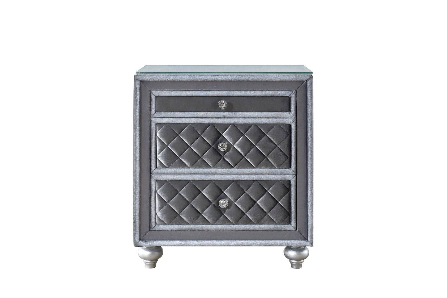 Elegant grey velvet nightstand with diamond tufting and crystal knob