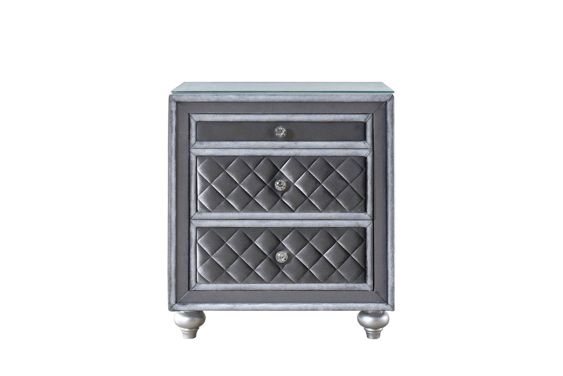 Elegant grey velvet nightstand with diamond tufting and crystal knob