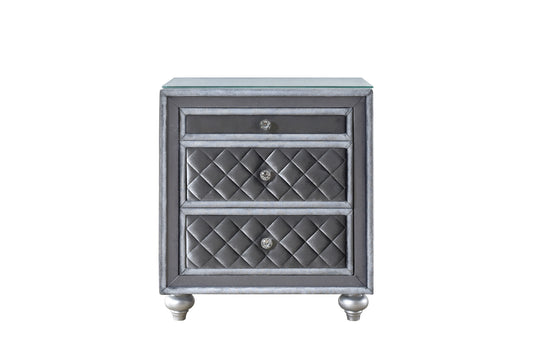 Elegant grey velvet nightstand with diamond tufting and crystal knob