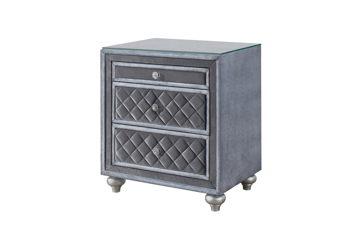 Grey velvet nightstand with diamond tufting and crystal knob