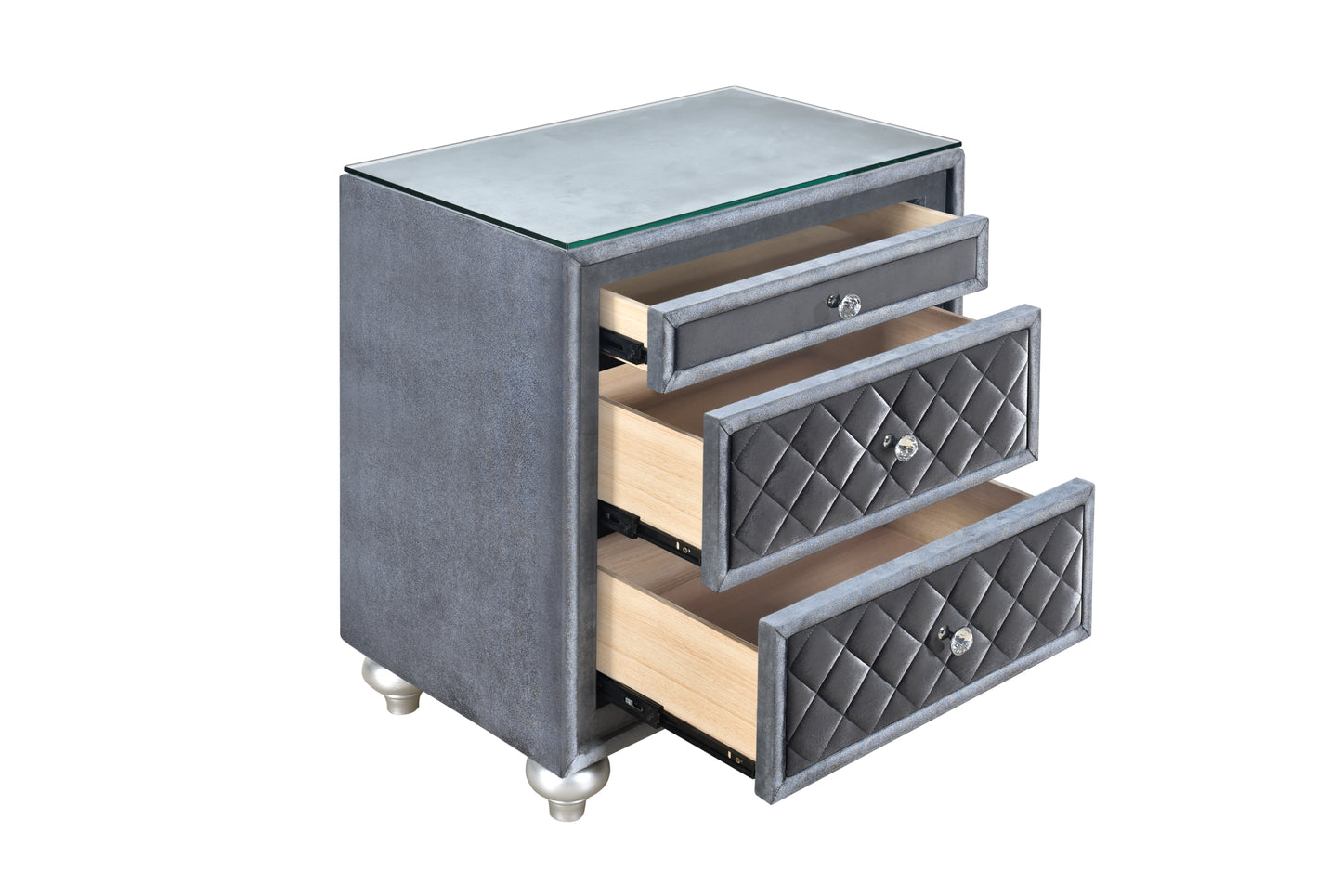 Grey velvet nightstand with mirrored glass top and diamondtufted drawers