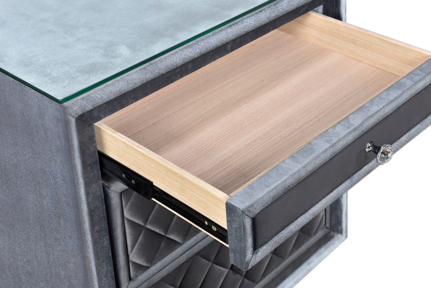 Gray fabric nightstand with an open drawer and crystal knob