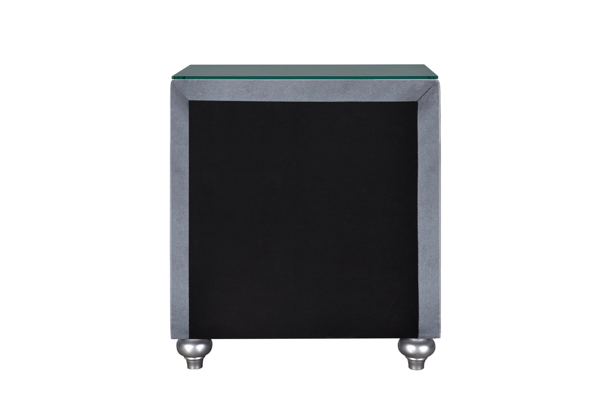 Elegant gray velvet nightstand with black drawer and metallic bun feet
