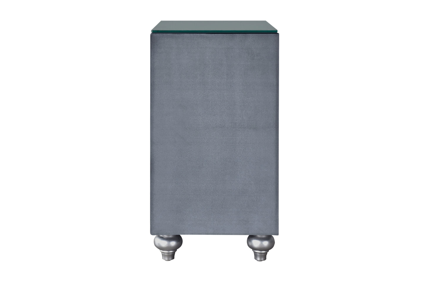 Gray velvet nightstand with glass top and ornate silver legs