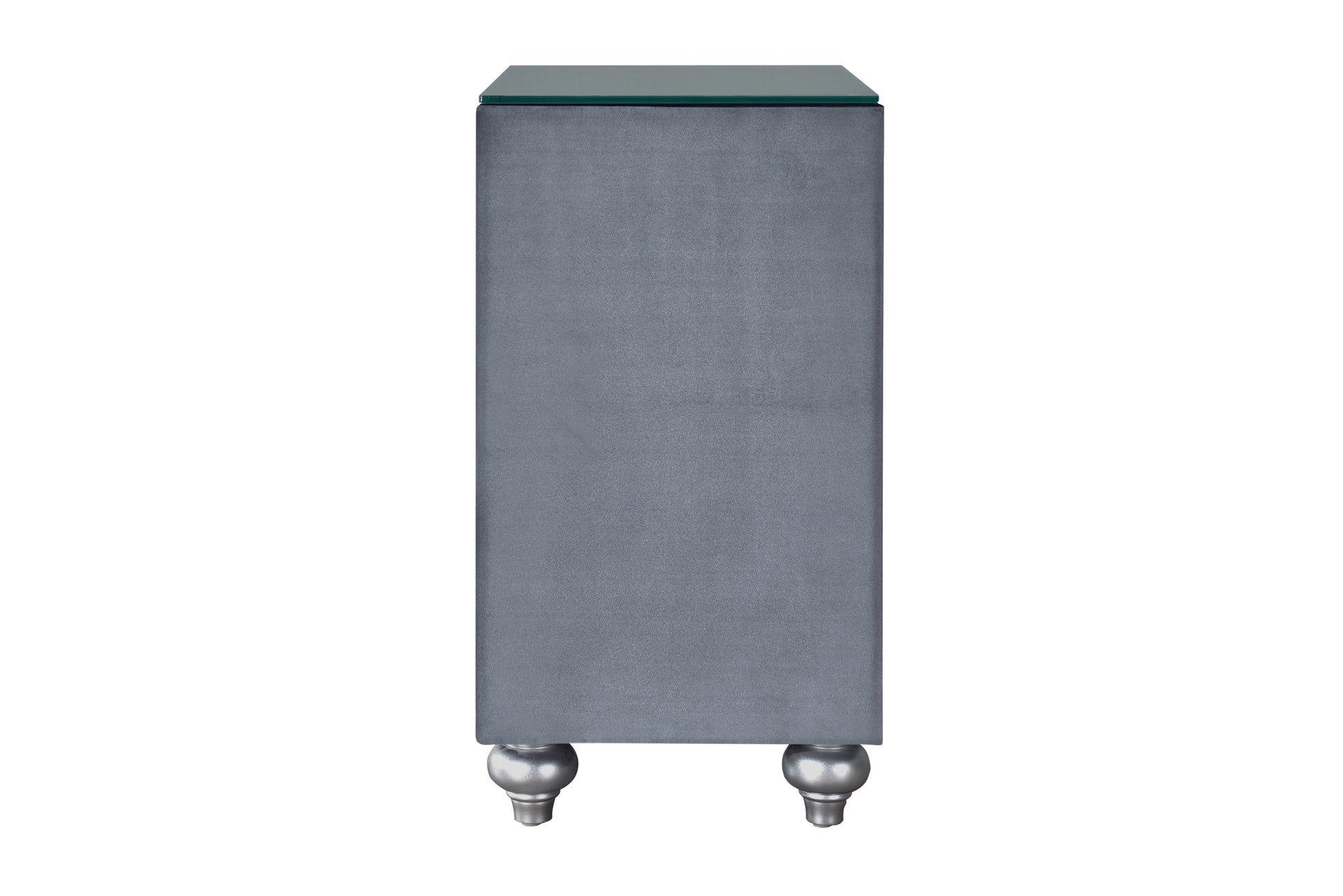 Gray velvet nightstand with glass top and ornate silver legs