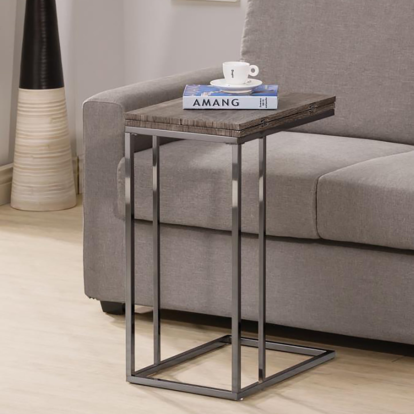 Cshaped side table with distressed wood top and gunmetal frame perfect for living room use
