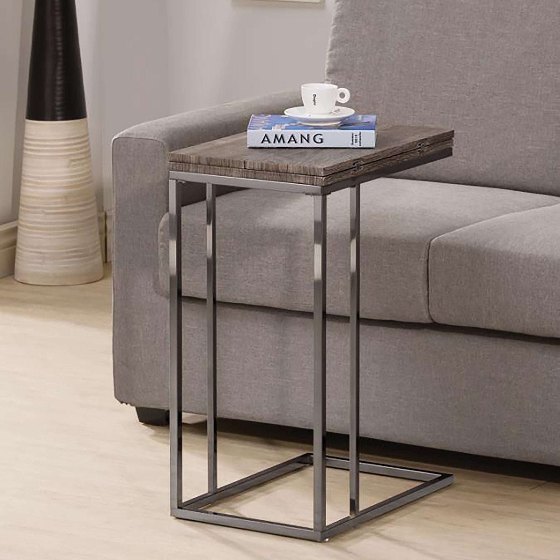 Cshaped side table with distressed wood top and gunmetal frame perfect for living room use