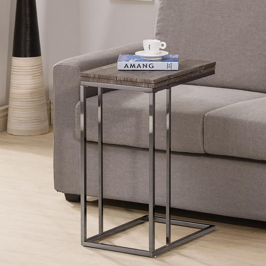 Cshaped side table with distressed wood top and gunmetal frame perfect for living room use