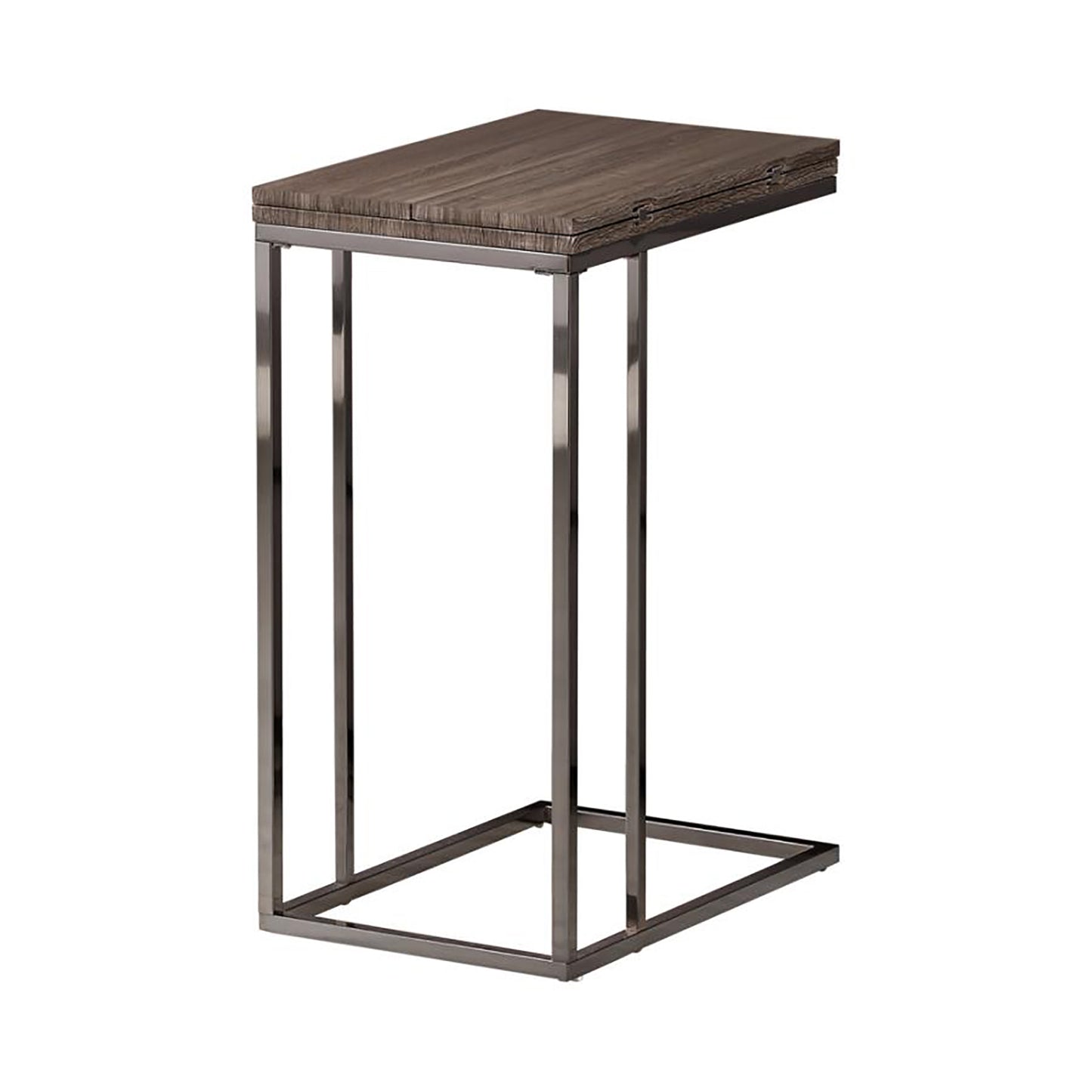 Modern Cshaped accent table with a weathered oak finish and polished chrome frame