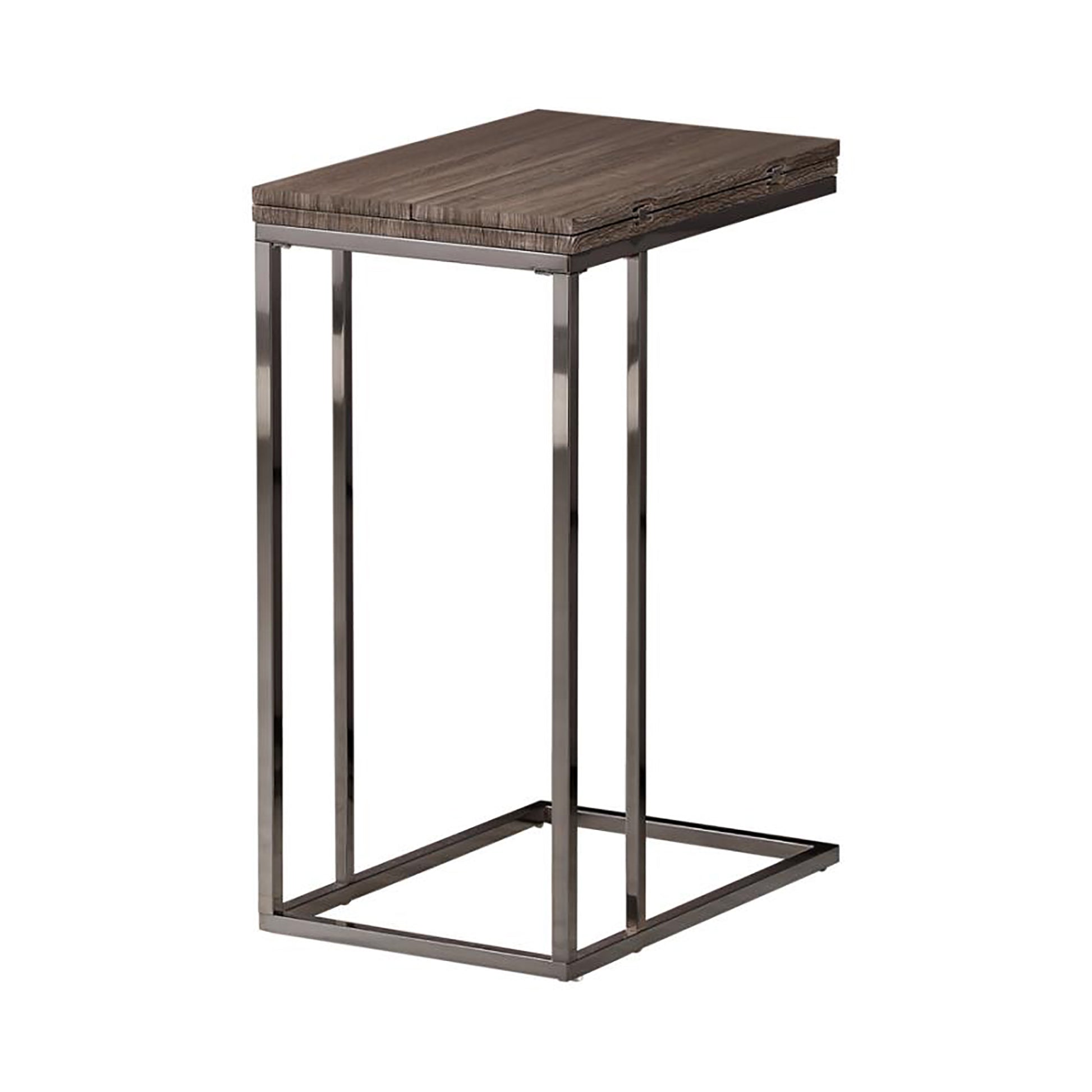 Modern Cshaped accent table with a weathered oak finish and polished chrome frame