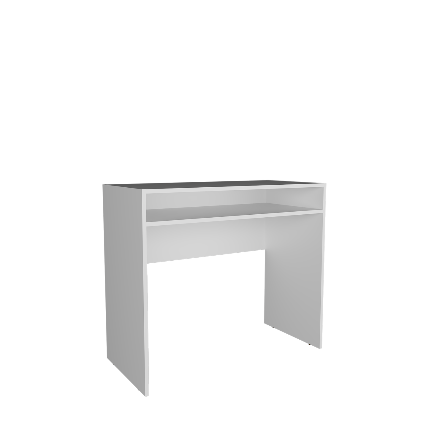 Modern white desk with an open shelf and layered geometric shelving Ideal for a small workspace