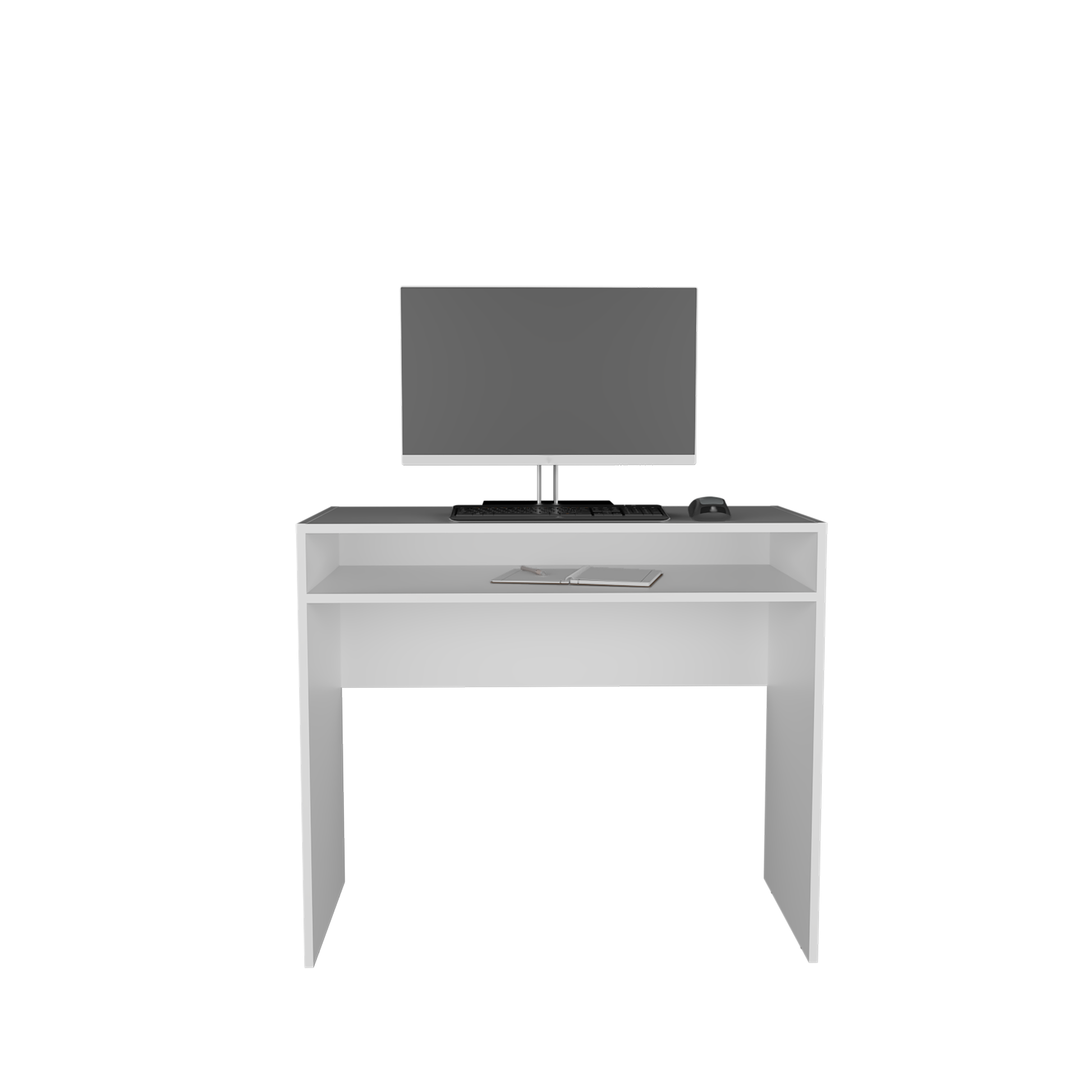 Compact white writing desk with monitor keyboard and mouse