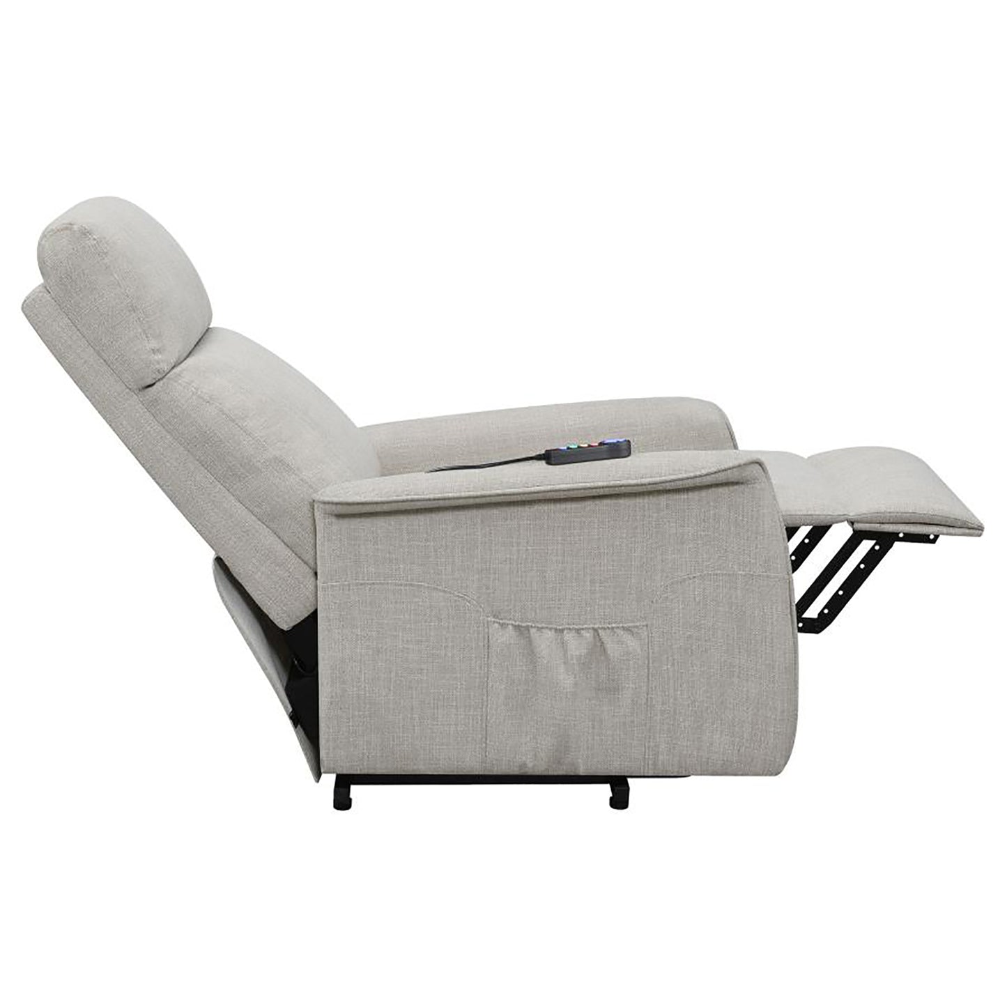 Light grey fabric power recliner chair with extended footrest and side control panel