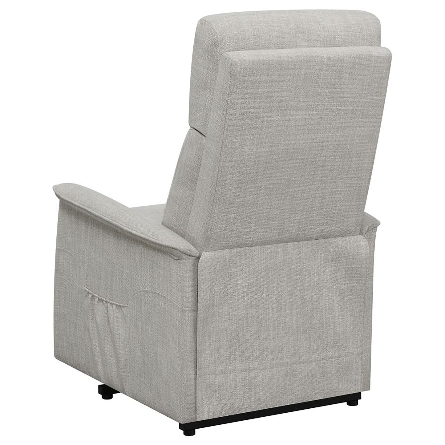 Light grey fabric recliner chair viewed from the back left with a pocket on the side
