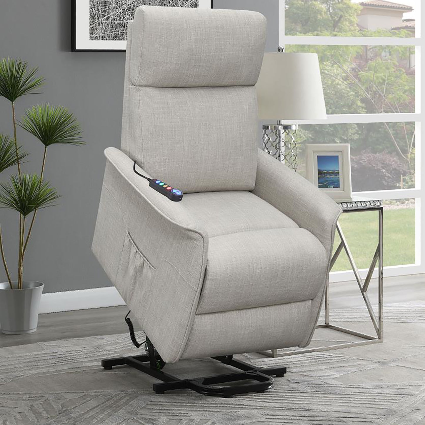 Light beige fabric power lift recliner with remote control and adjustable headrest