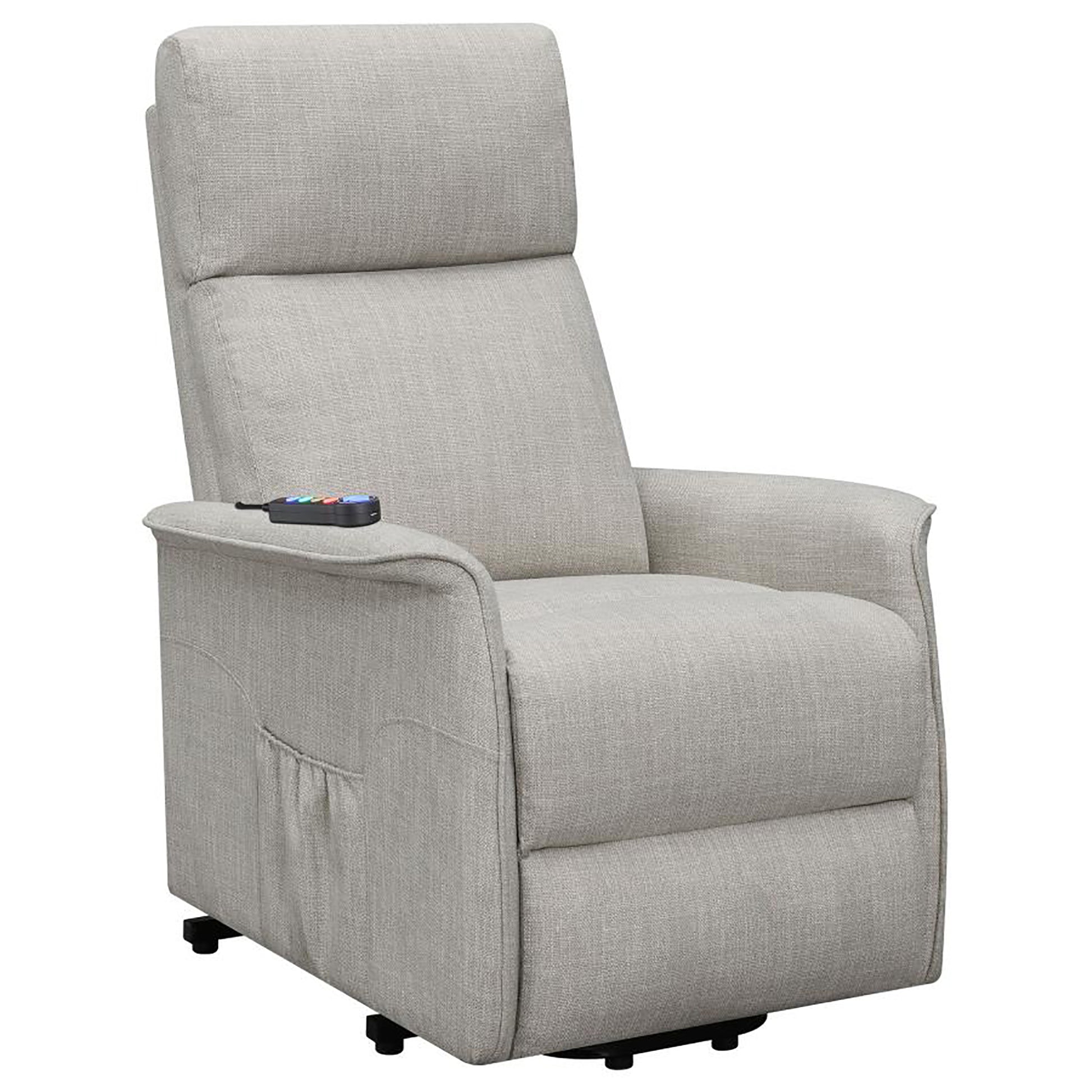Light grey fabric lift chair with integrated side pocket and remote control
