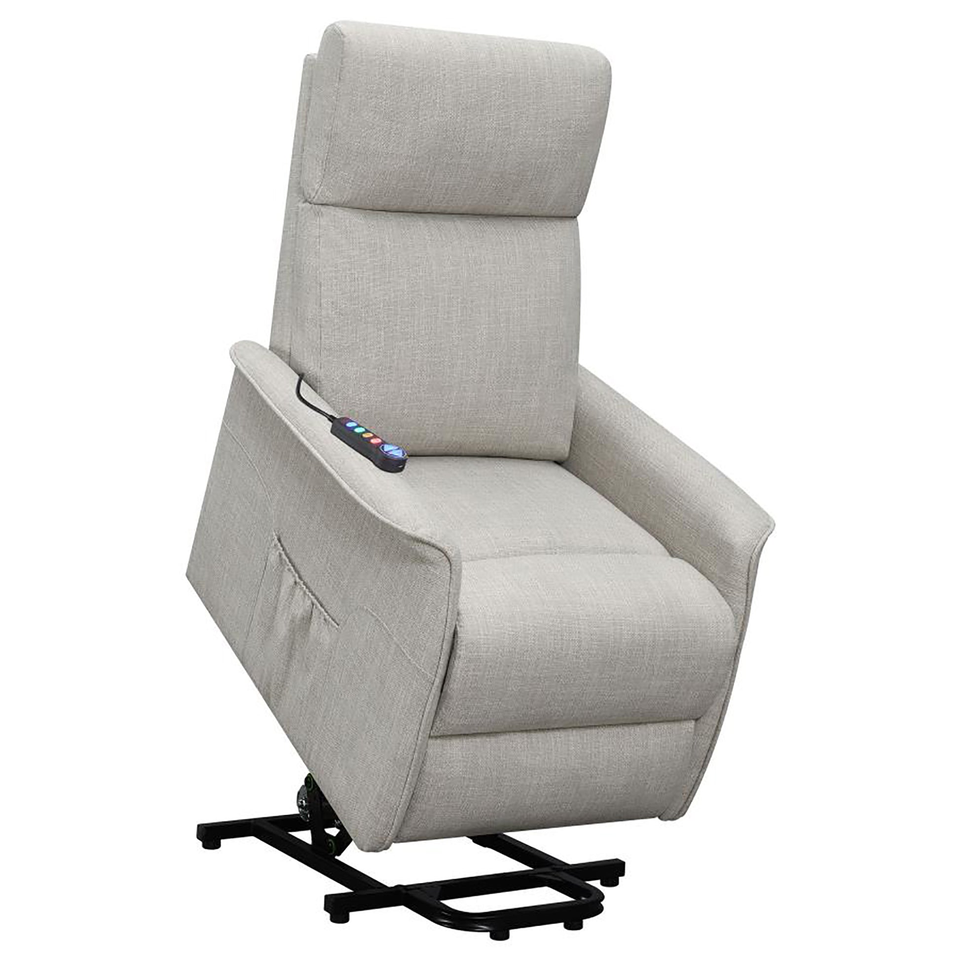 Light gray fabric lift chair with remote control perfect for home use