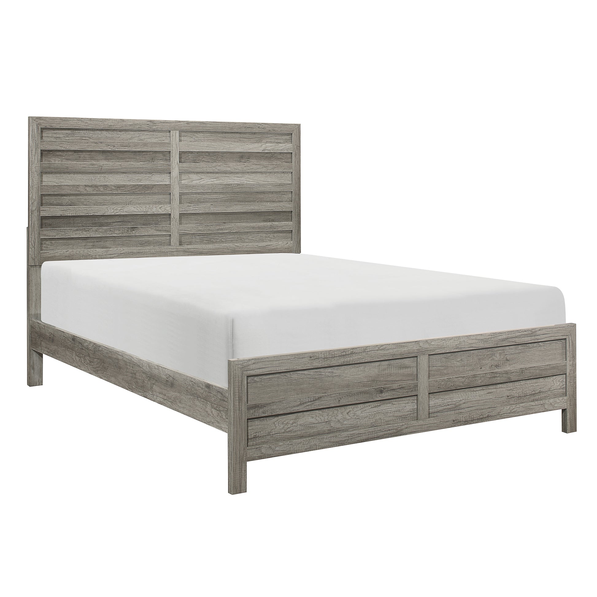 Rustic grey wood platform bed frame with horizontal plank headboard