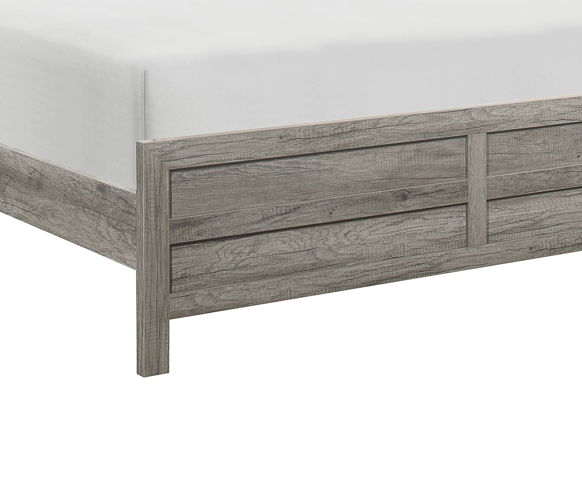Distressed grey wood platform bed frame detail with white bedding