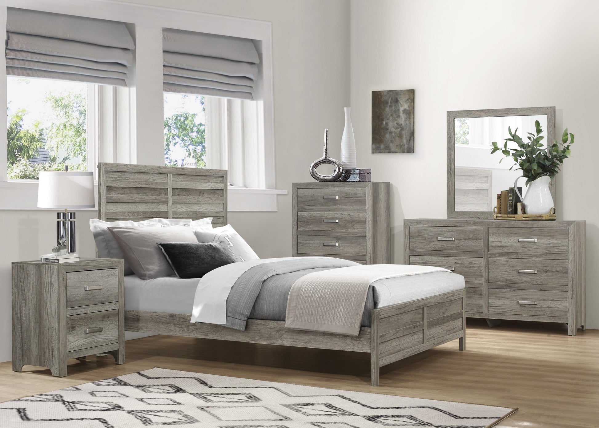 Rustic grey wood twin bed with matching nightstand