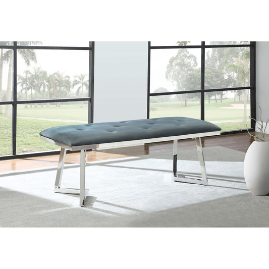 Tufted grey velvet bench with polished chrome legs perfect for modern entryways