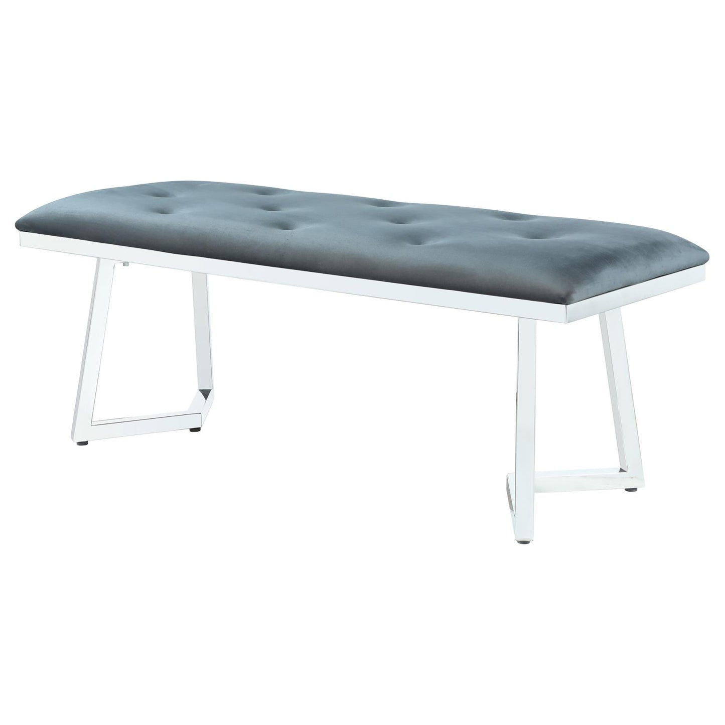 Gray velvet tufted bench with polished chrome legs perfect for entryway seating