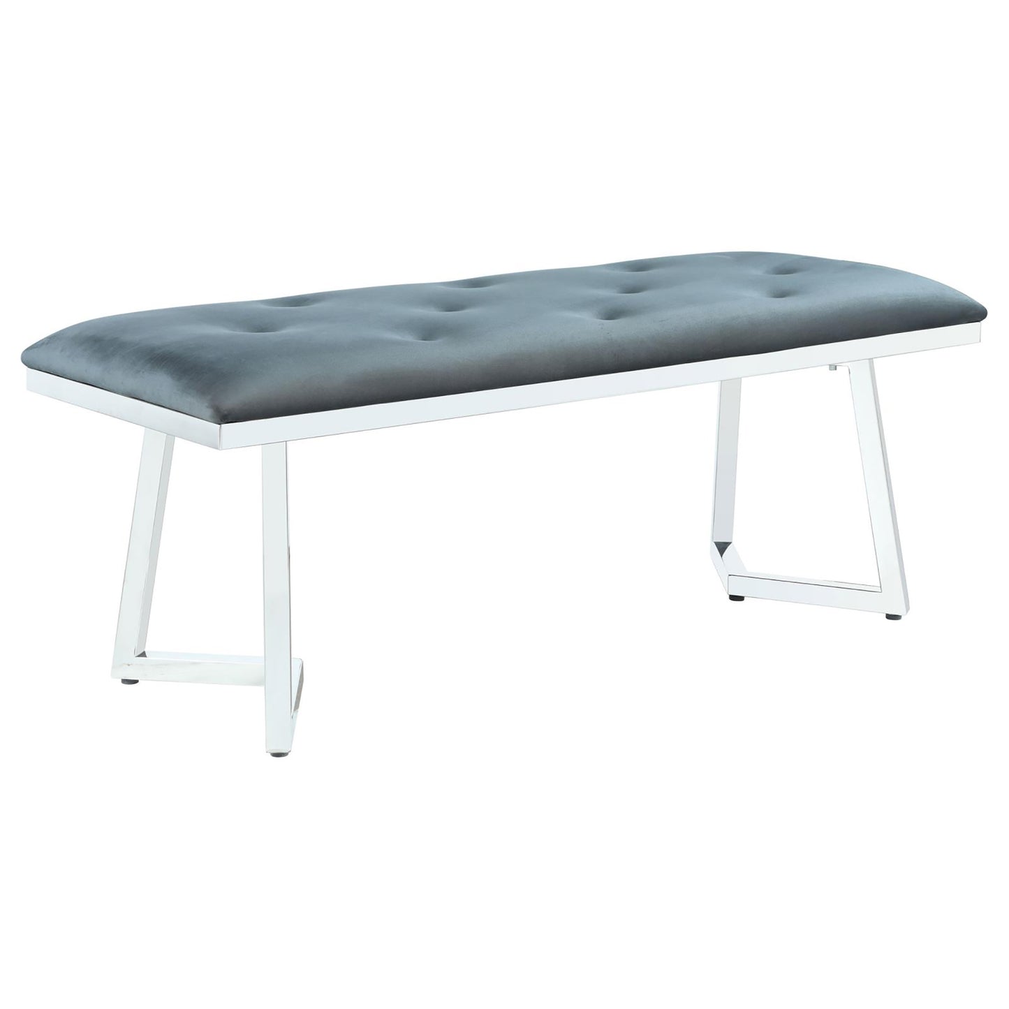 Tufted grey velvet bench with modern white metal legs perfect for entryway seating