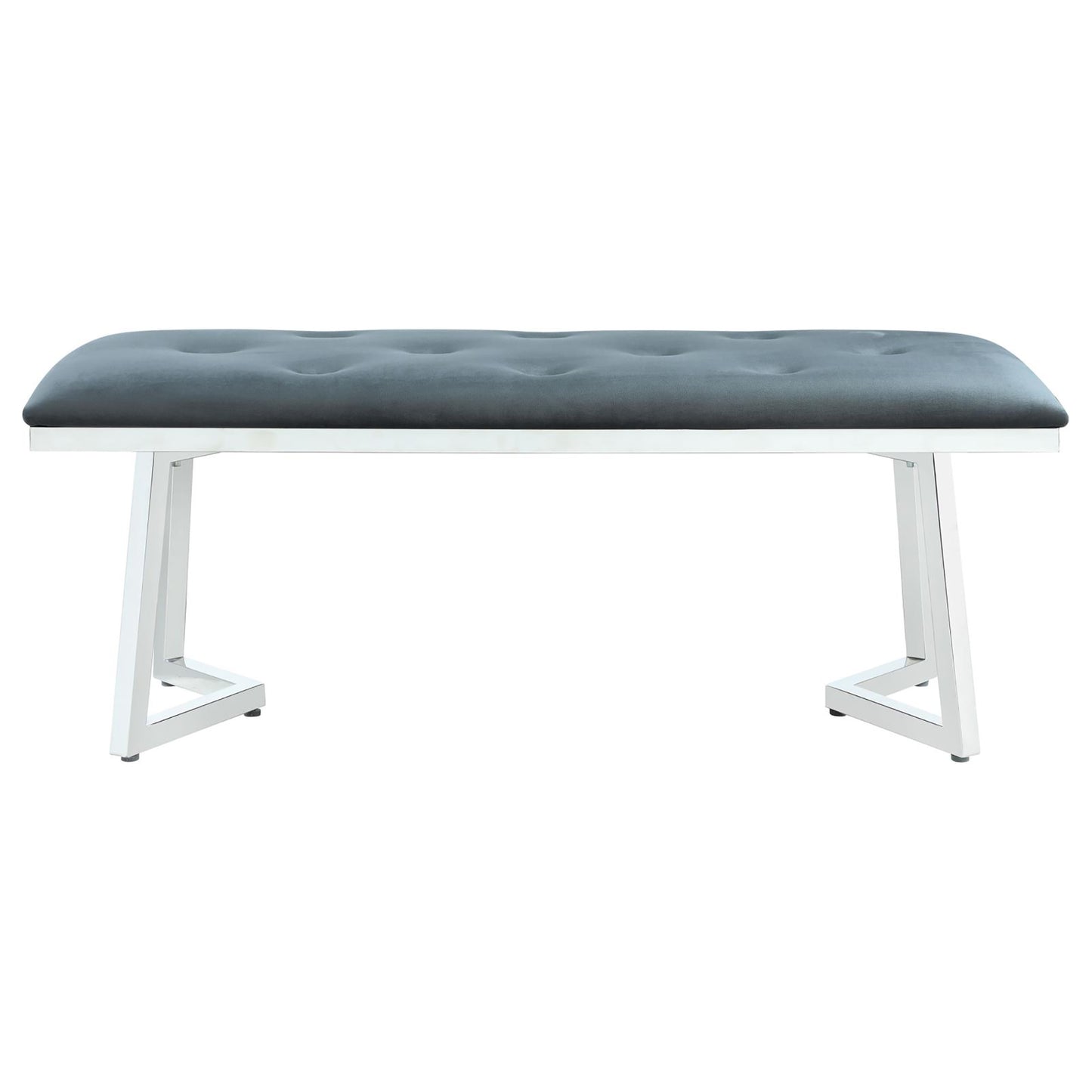 Tufted grey velvet bench with a modern chrome sled base ideal for entryway seating