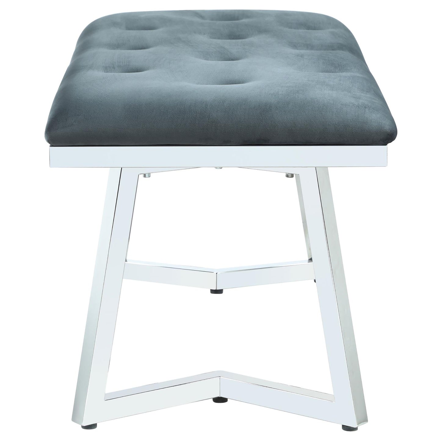 Tufted charcoal velvet bench with polished chrome base elegant seating for entryway or living room