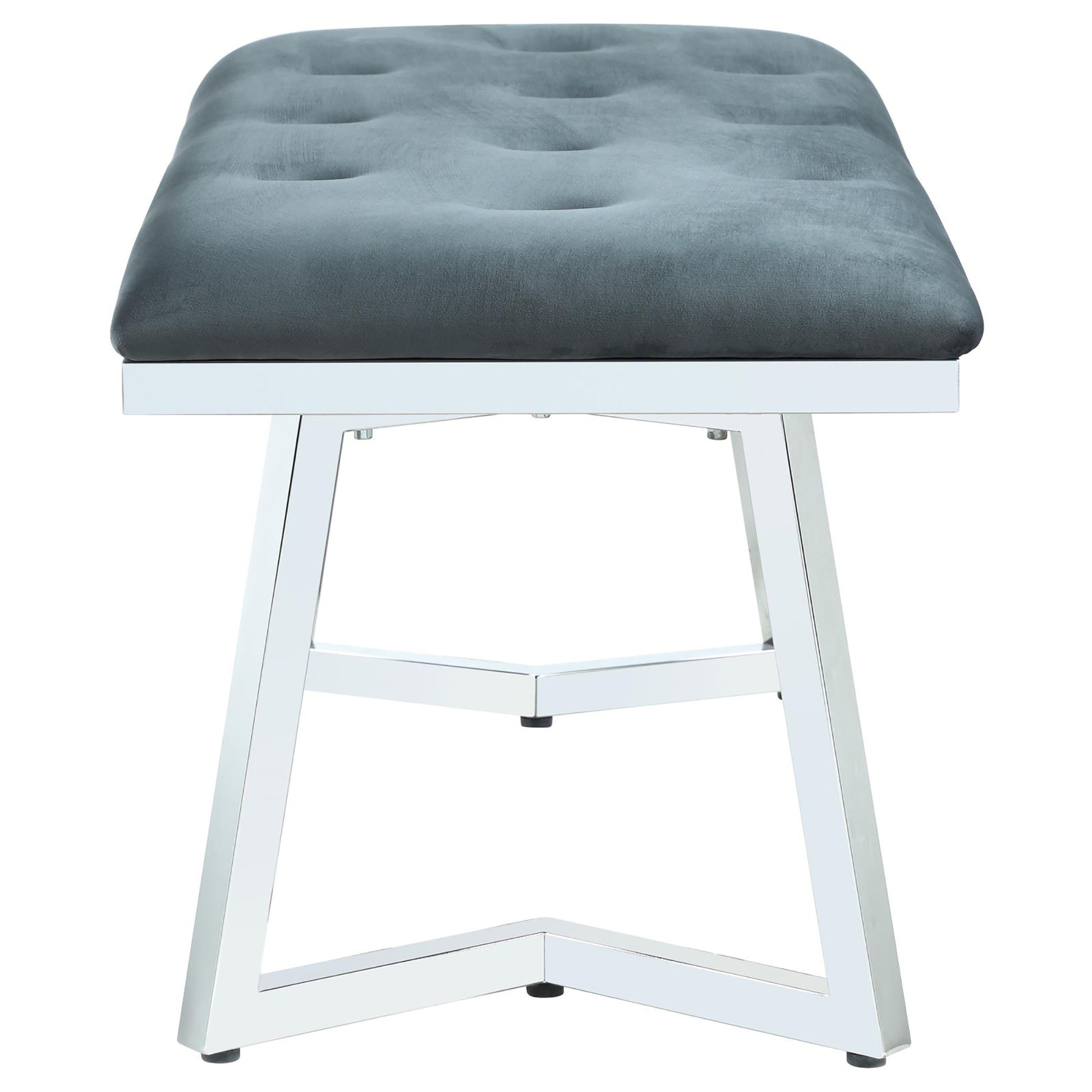 Tufted charcoal velvet bench with polished chrome base elegant seating for entryway or living room