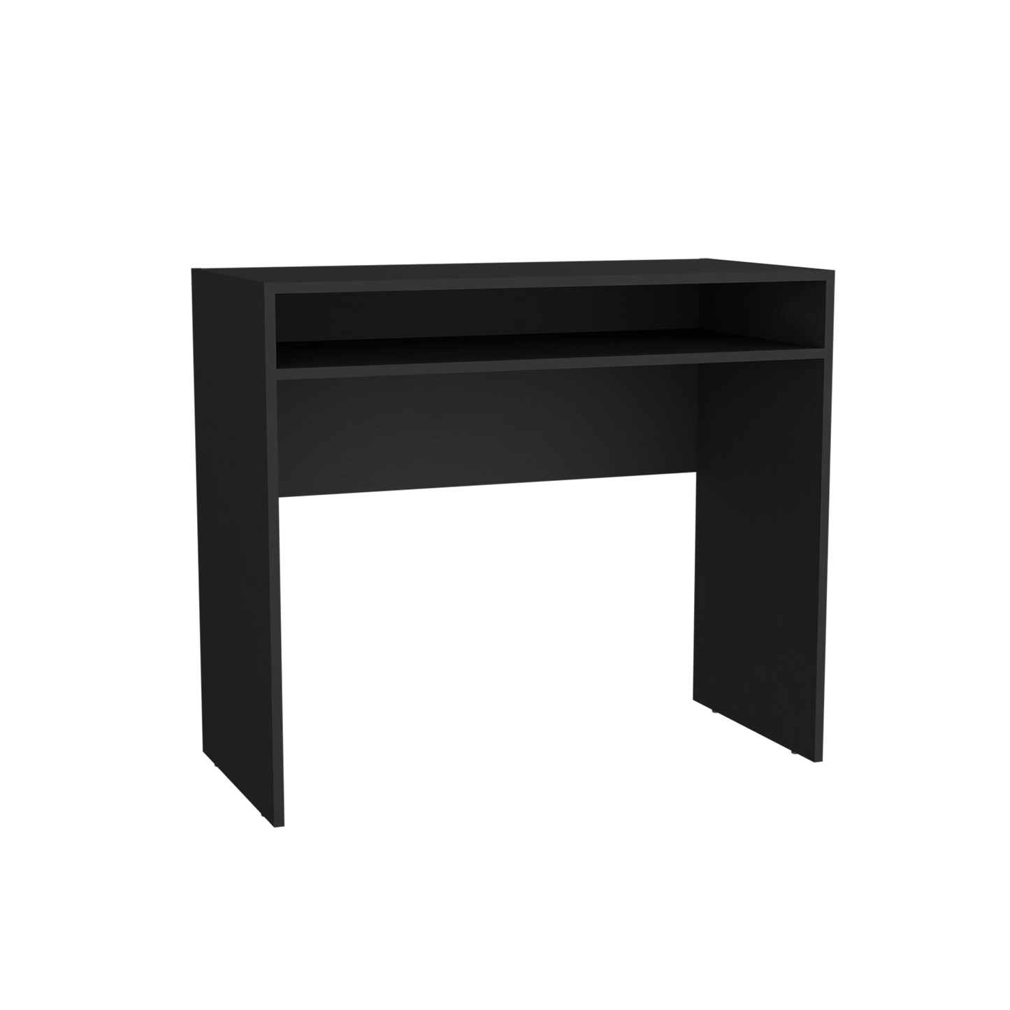 Sleek black minimalist desk with a single open shelf above