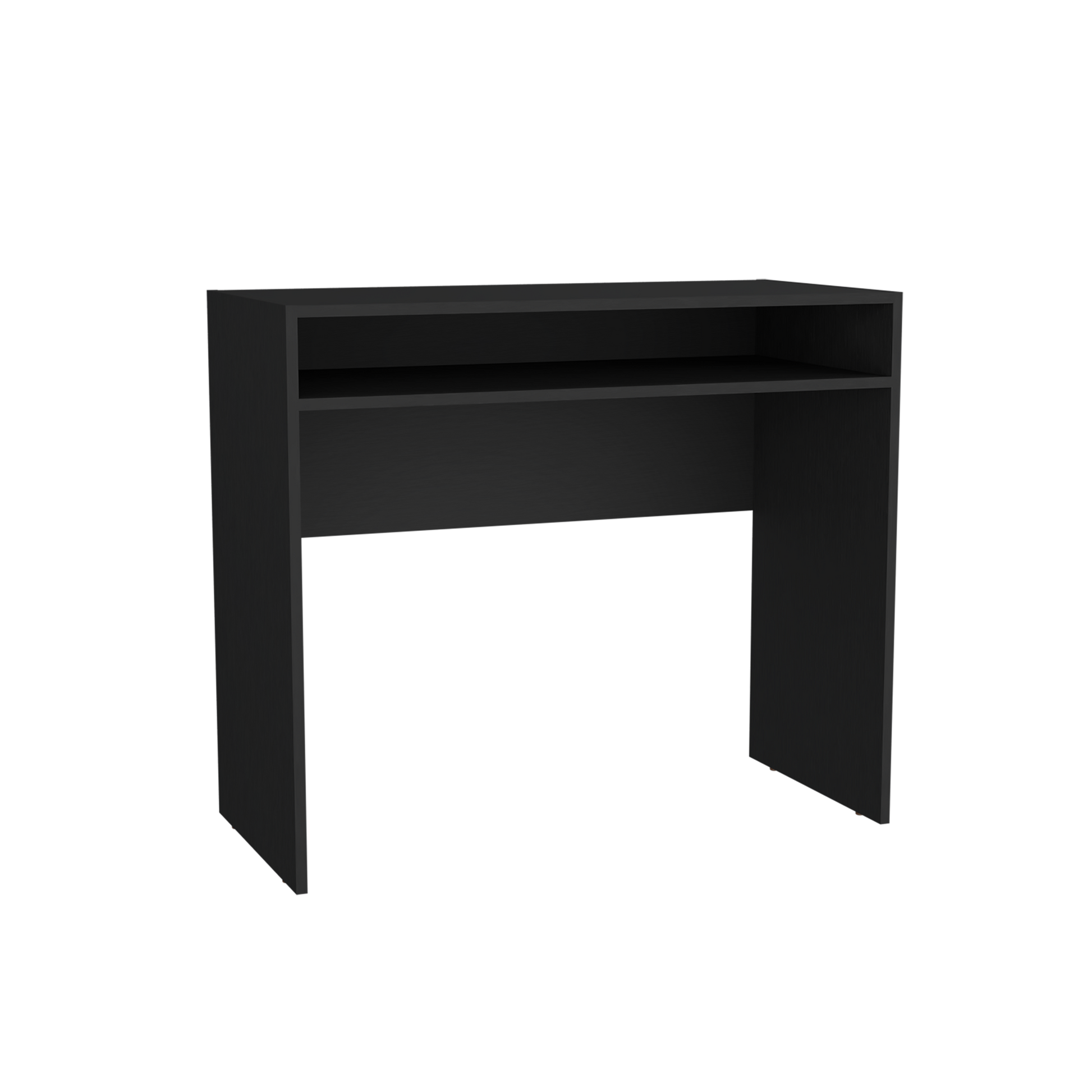 Sleek black minimalist desk with a single open shelf above