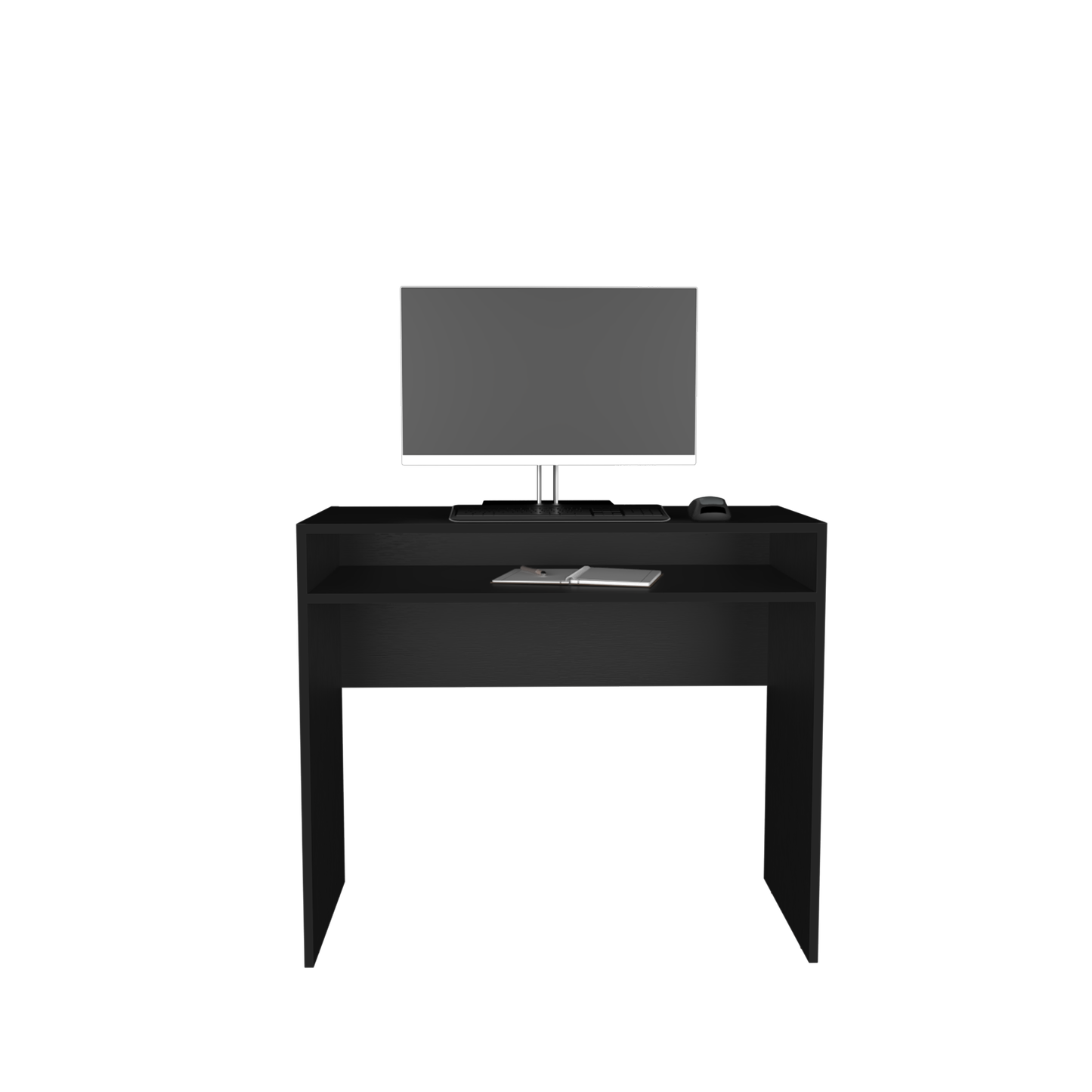 Sleek black computer desk with a raised shelf monitor keyboard and mouse