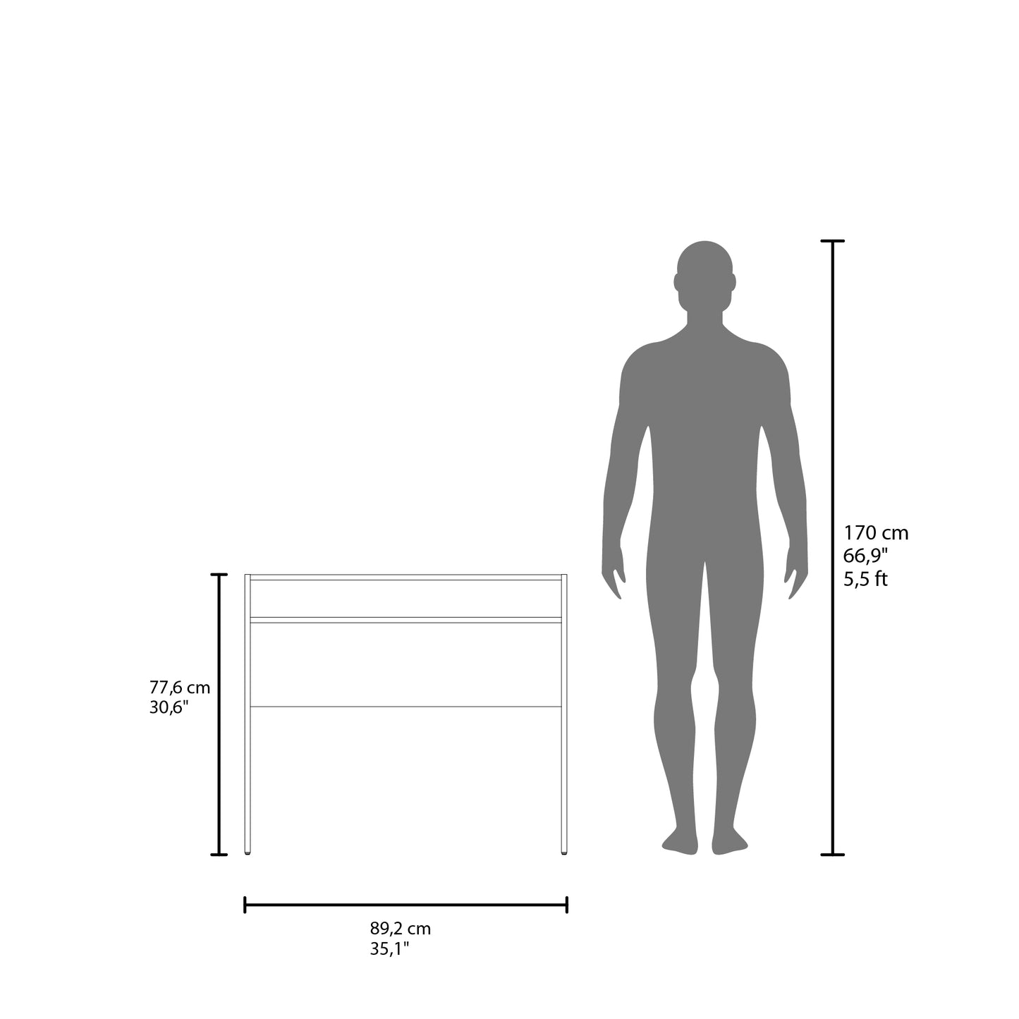 Diagram showing a  cm tall figure next to a  cm wide  cm high desk