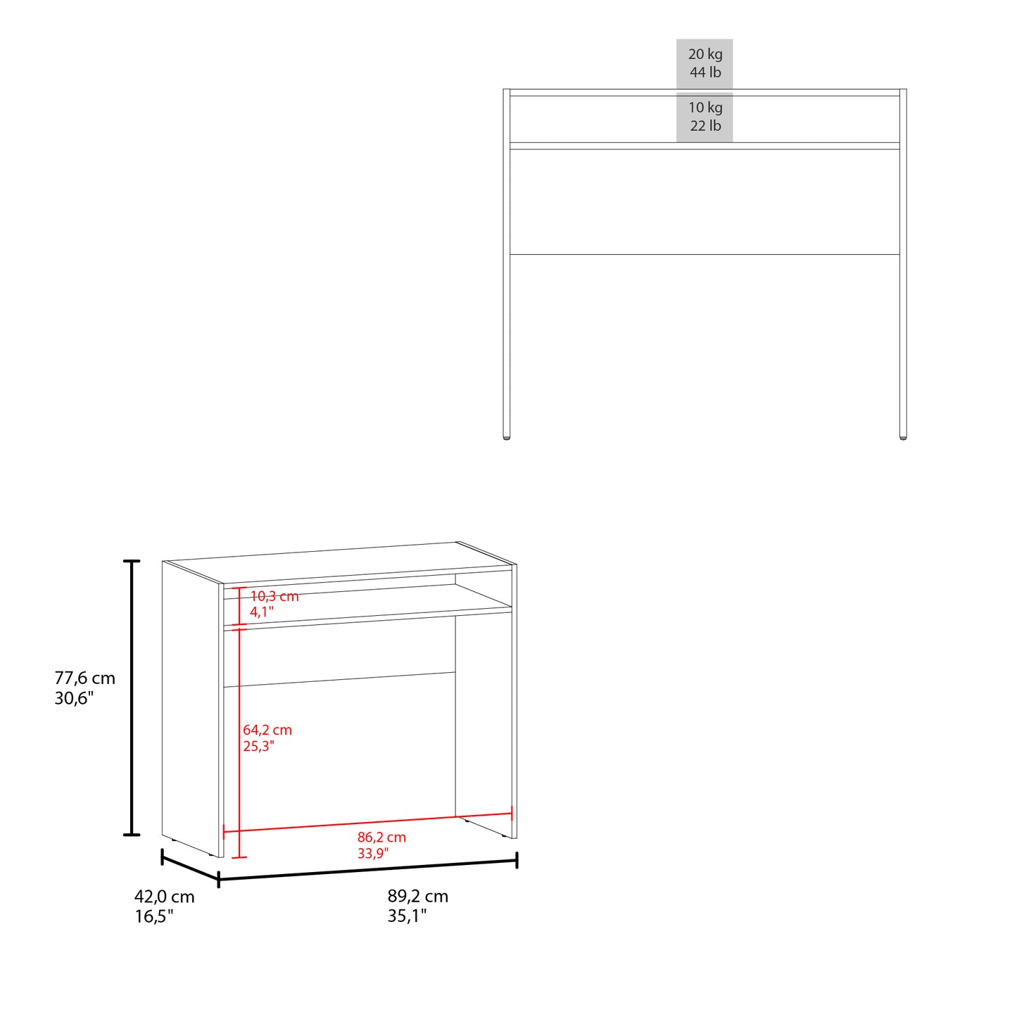 Diagram of a white desk showing dimensions cm height cm depth cm width
