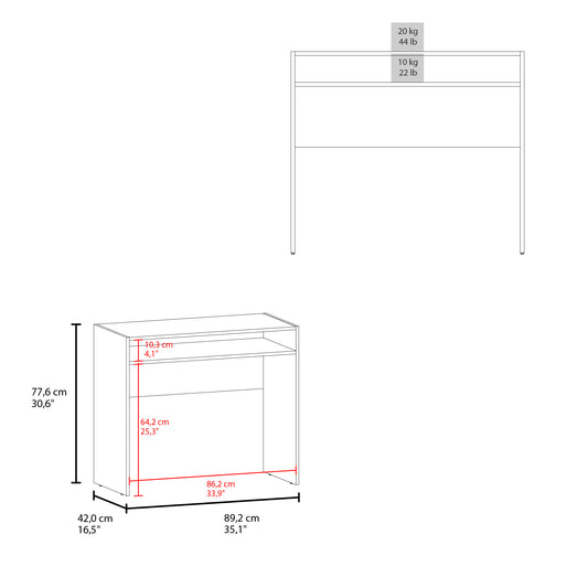 Diagram of a white desk showing dimensions cm height cm depth cm width