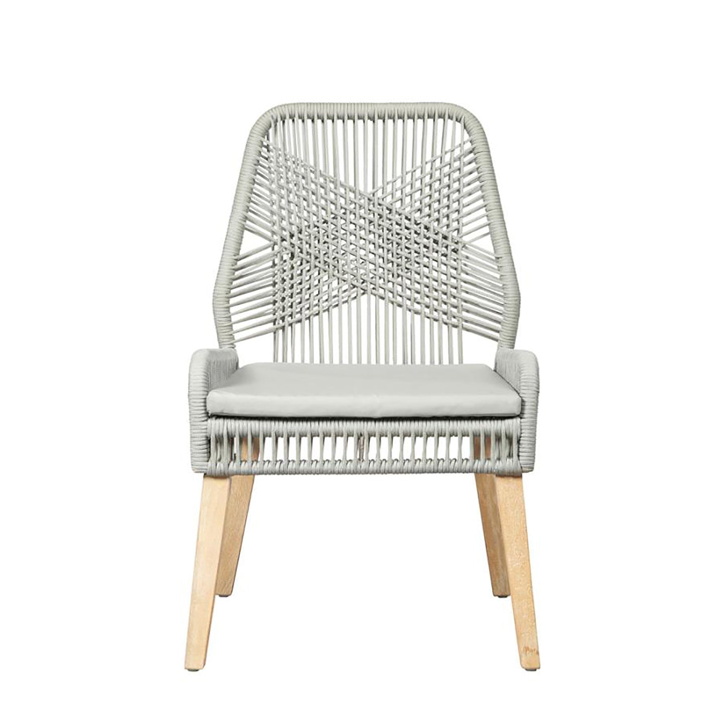 Grey woven dining chair with light wood legs and a light grey cushion