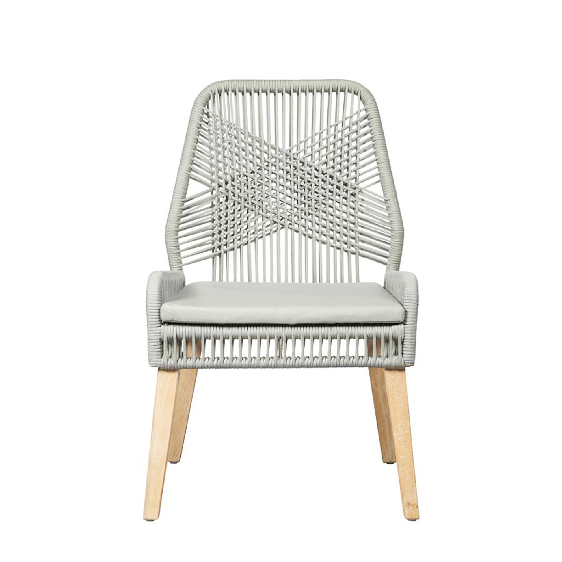Grey woven dining chair with light wood legs and a light grey cushion